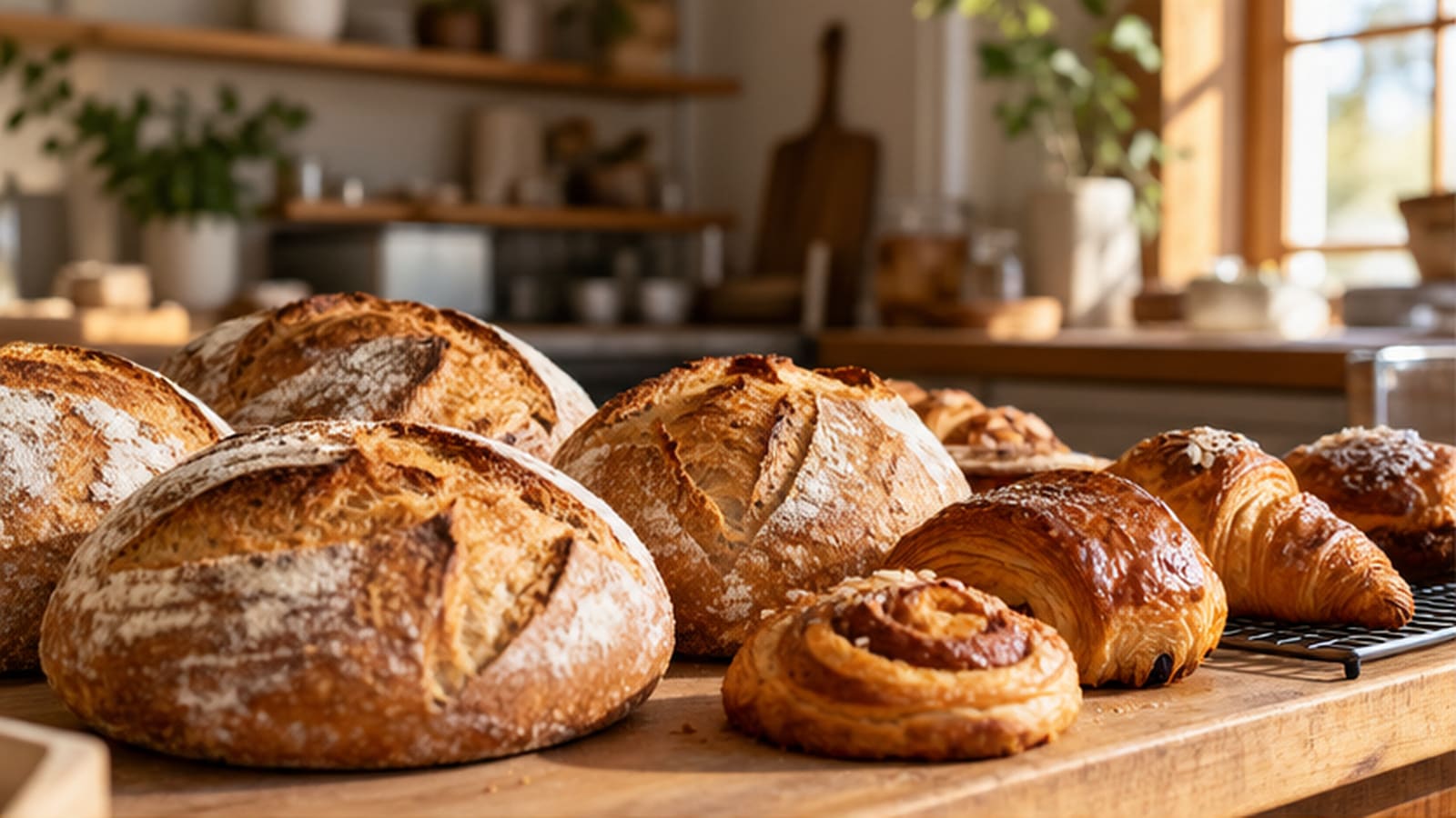 Sourdough loaves and pastries on a wooden counter