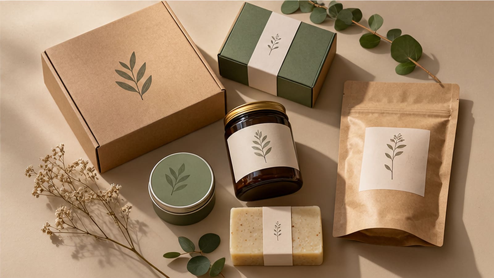 Kraft boxes, jars and labels with a leaf mark